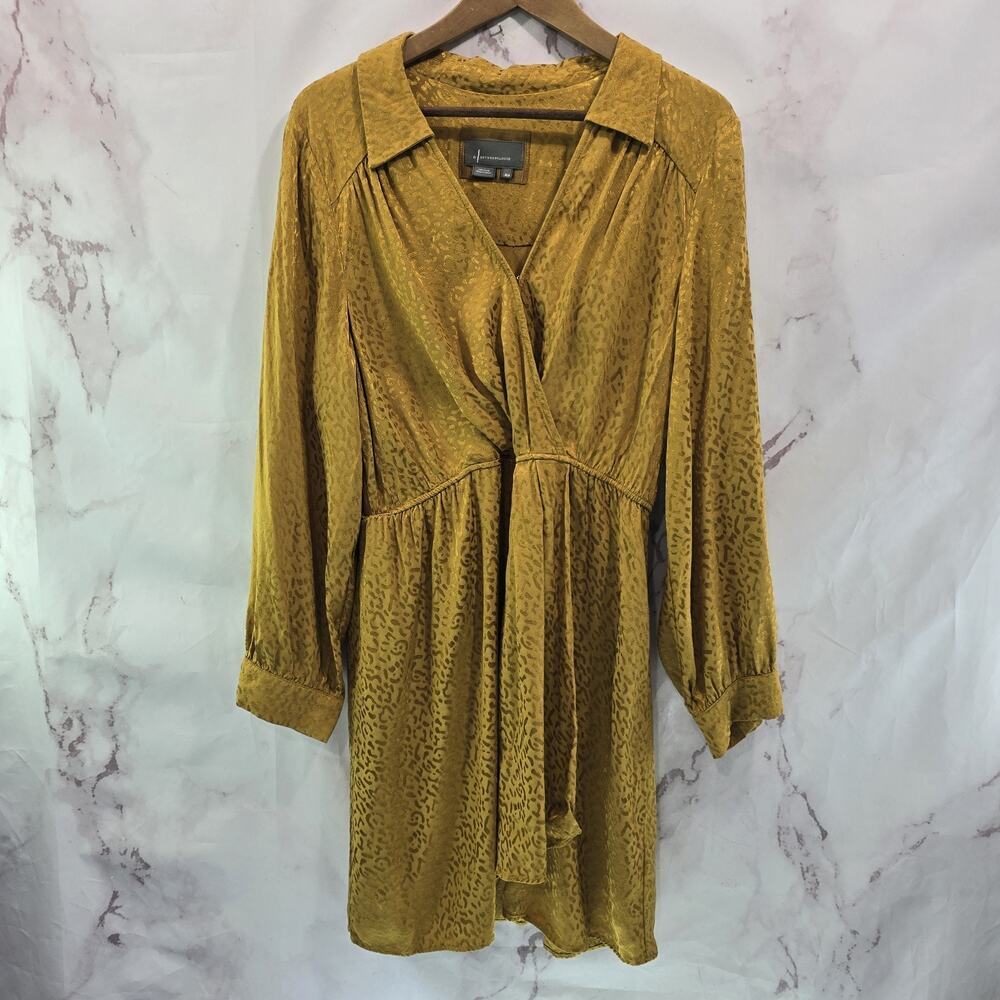 By Anthropologie Dress Womens XL P Yellow Leopard Satin Bronze Button Long